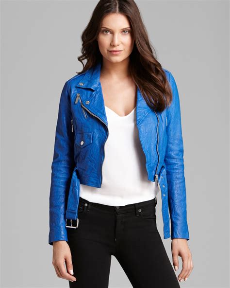 michael kors leather jacket blue|Michael Kors leather motorcycle jacket.